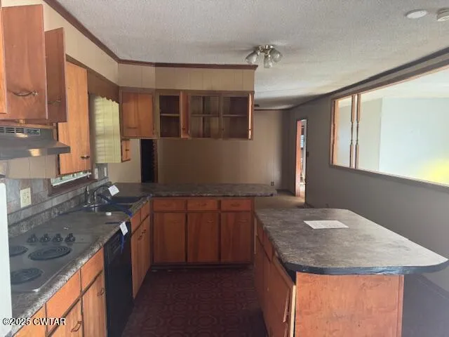a kitchen with granite countertop a sink and a stove