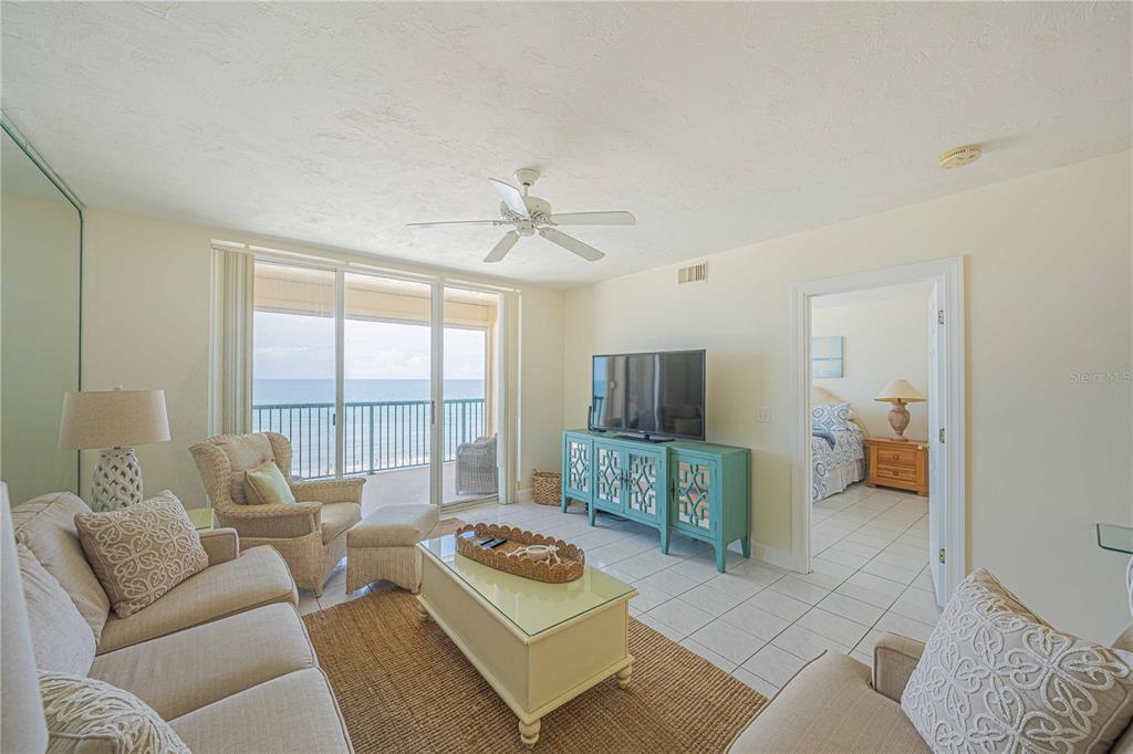 4575 South Atlantic Avenue, Unit 6607 Ponce Inlet, FL 32127 - Photo 6 of 48 a living room with furniture and a flat screen tv