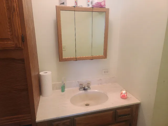 a bathroom with a sink and a mirror