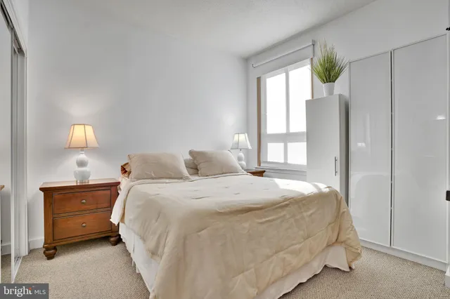a bedroom with a bed potted plant on dresser and a window