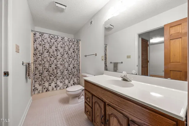 a bathroom with a sink a toilet and shower curtain