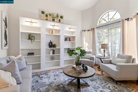 a living room with furniture and a potted plant