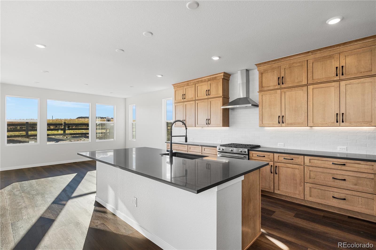 1250 Bridgefield Road Castle Pines, CO 80108 - Photo 14 of 33 a kitchen with stainless steel appliances granite countertop a sink stove and cabinets