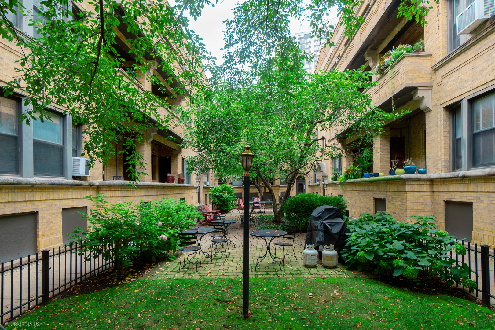 728 West Sheridan Road, Unit 1S Chicago, IL 60613 - Photo 19 of 19 a view of a house with brick walls and a yard with plants and a large tree