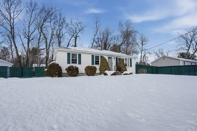 a view of a house with backyard and a tree