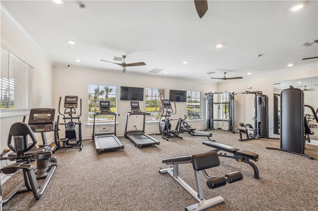 17737 Shade Tree Loop Punta Gorda, FL 33982 - Photo 11 of 28 Workout area with ornamental molding, ceiling fan, and carpet floors