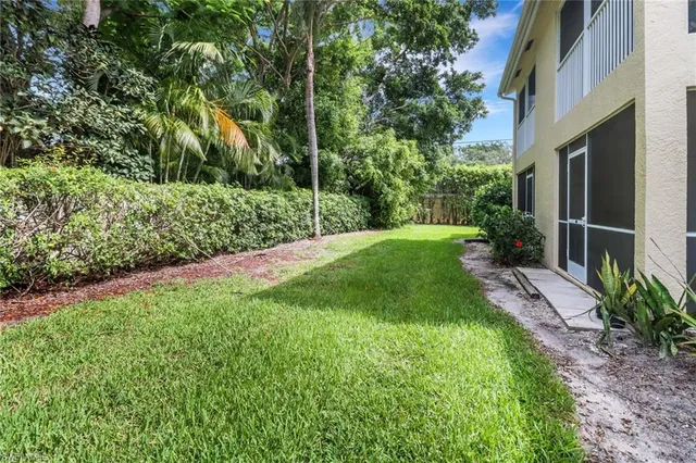 a view of a backyard with potted plants and large trees
