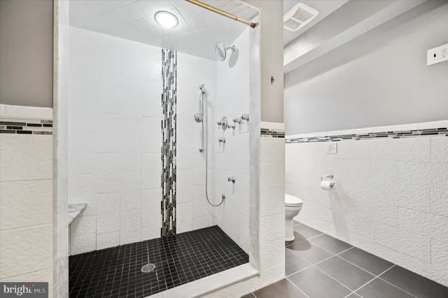 a bathroom with a shower and a toilet