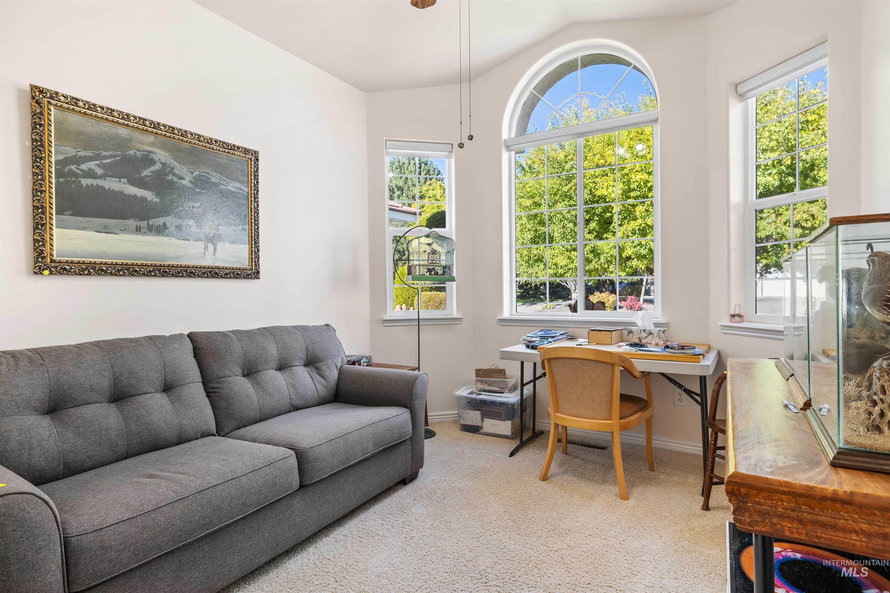 215 Los Lagos Twin Falls, ID 83301 - Photo 19 of 30 Home office with light colored carpet, lofted ceiling, and ceiling fan