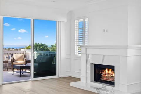 a living room with furniture a fireplace and a floor to ceiling window
