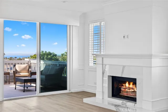 a living room with furniture a fireplace and a floor to ceiling window