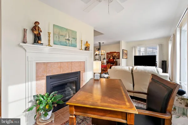a living room with furniture a fireplace and a potted plant