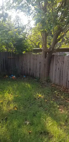 a view of a backyard with large trees and wooden fence