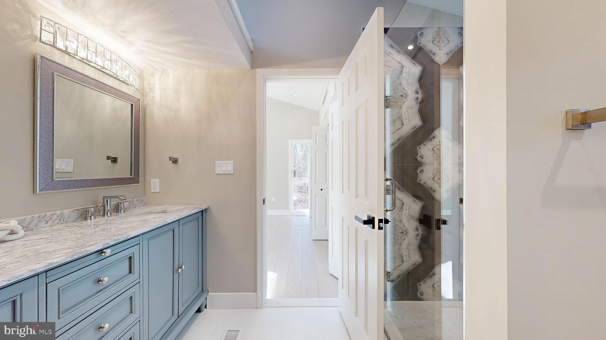 11101 Wedge Drive Reston, VA 20190 - Photo 28 of 55 a bathroom with a granite countertop sink mirror and a shower
