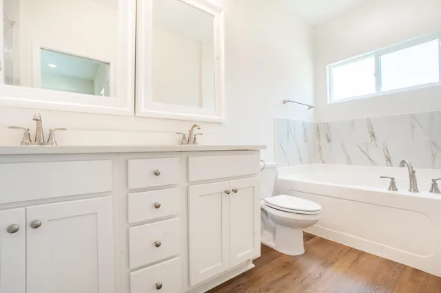 a bathroom with a sink toilet a bathtub and a vanity