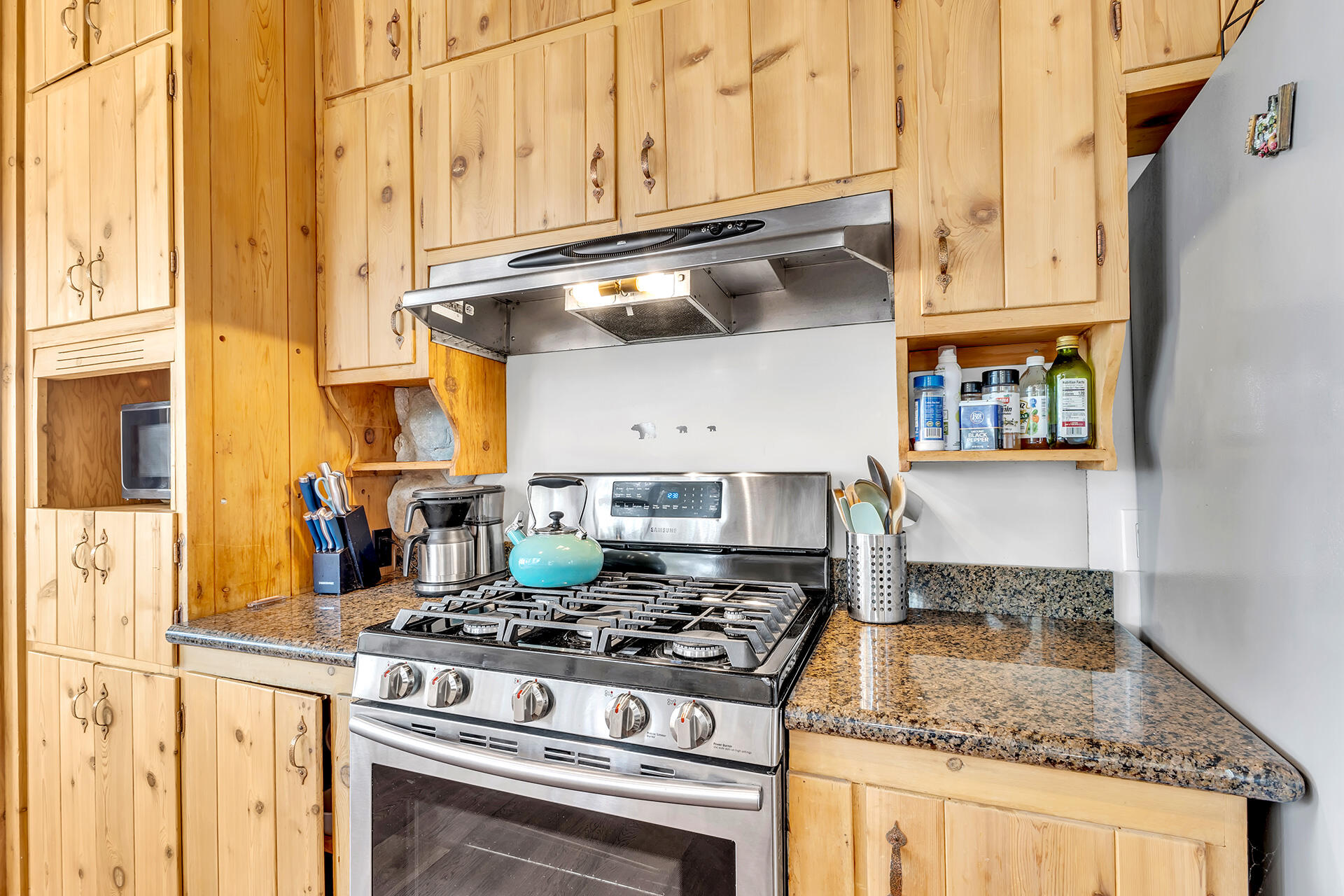 27011 Lookout Lane Idyllwild, CA 92549 - Photo 29 of 68 a kitchen with stainless steel appliances granite countertop a stove and a microwave