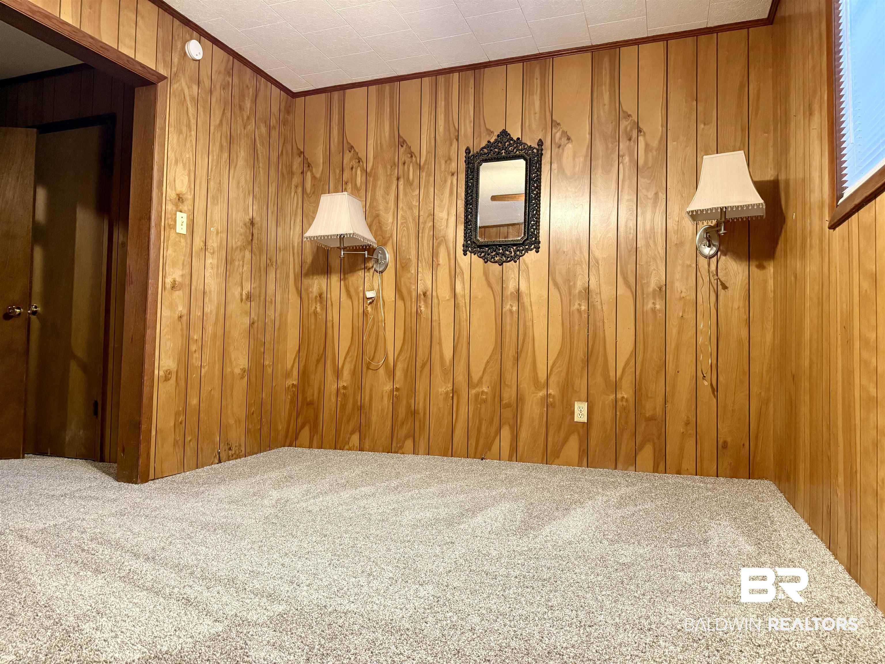 826 West Side Road Castleberry, AL 36432 - Photo 18 of 34 Spare room with carpet, wood walls, and ornamental molding