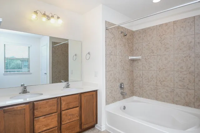 a bathroom with a tub sink and mirror