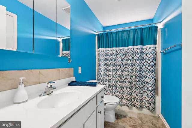 a bathroom with a sink a toilet and shower curtain