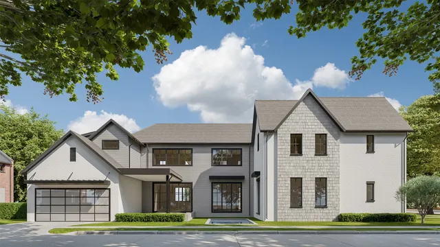 a view of a brick house with a yard in front of it