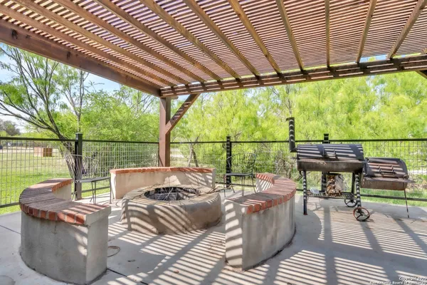 a building outdoor space with seating area