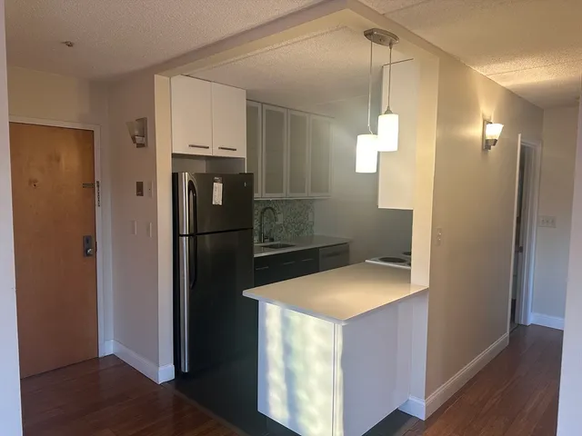 a kitchen with a refrigerator and a sink