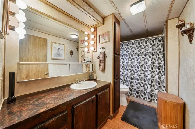 a bathroom with a granite countertop sink a toilet and shower curtain