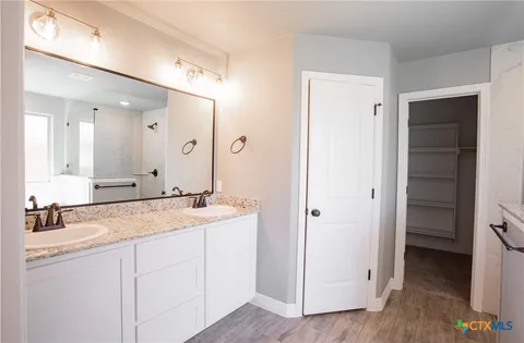 a bathroom with a sink and a mirror