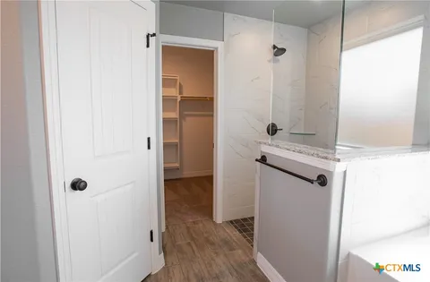 a bathroom with a shower and a sink