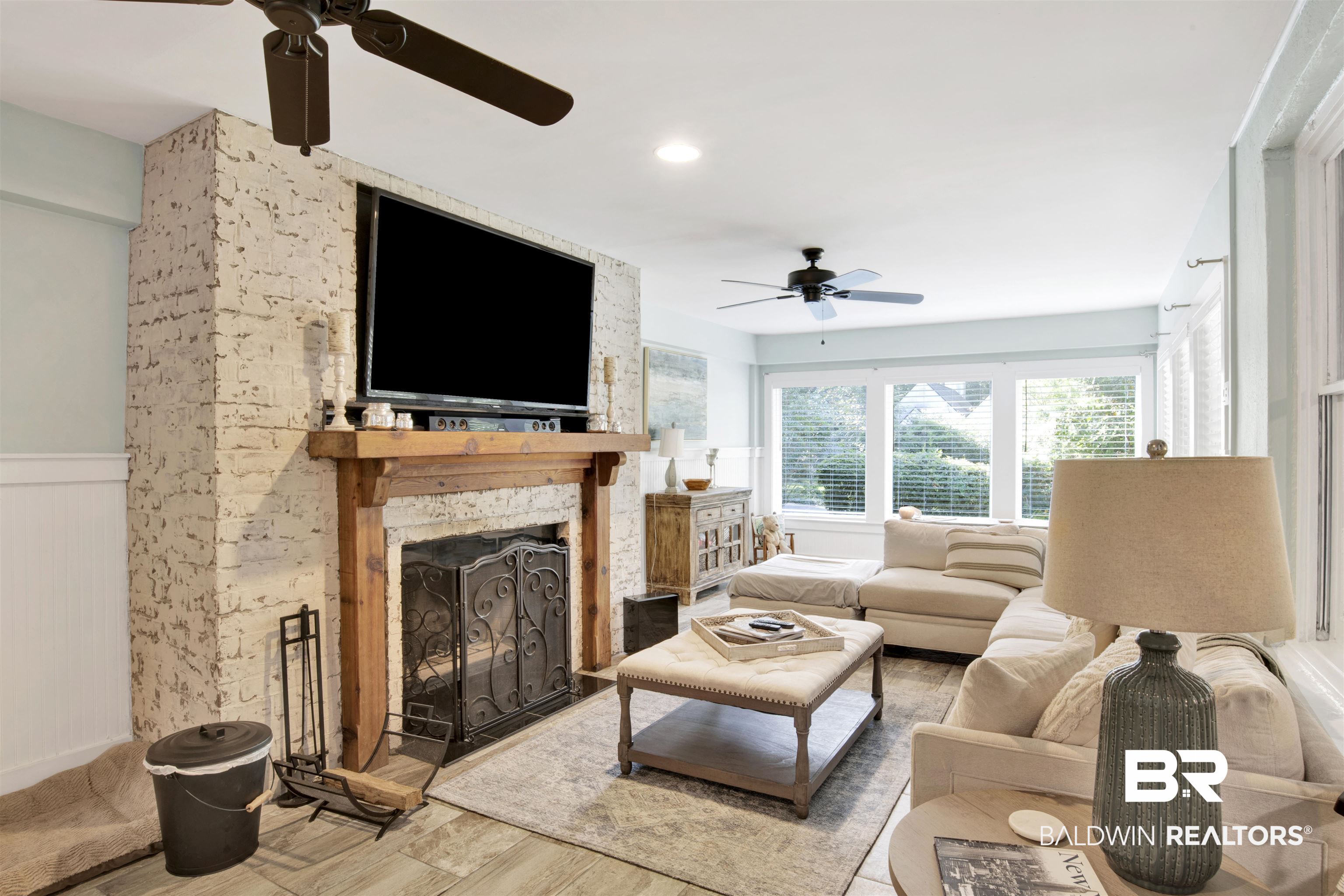 605 Van Avenue Daphne, AL 36526 - Photo 9 of 37 Living room featuring ceiling fan, a fireplace, and hardwood / wood-style floors