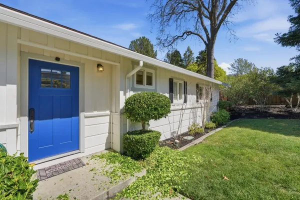 a view of a house with a yard and potted plants