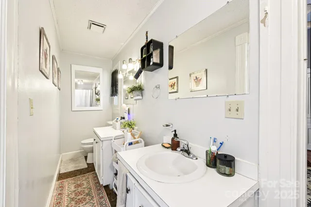 a bathroom with a sink a toilet and a mirror