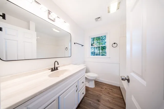 a bathroom with a sink a toilet and a mirror