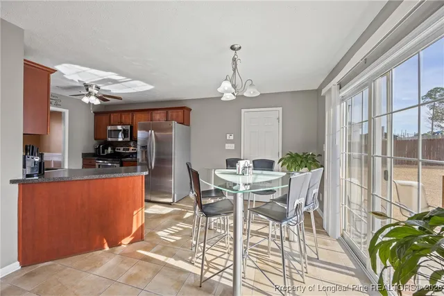 a view of a dining room with furniture window and outside view