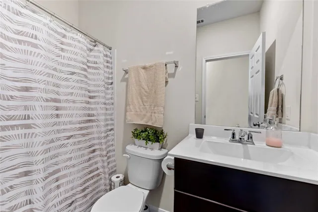 a bathroom with a sink a toilet a mirror and shower curtain