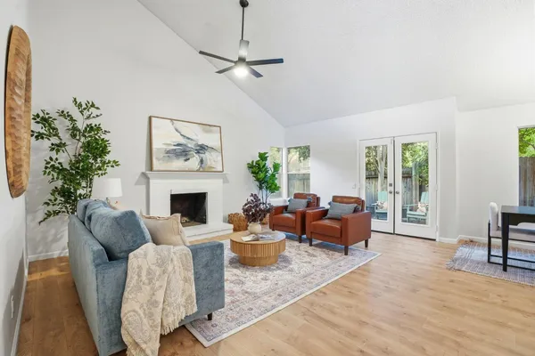 a living room with furniture a fireplace and a potted plant