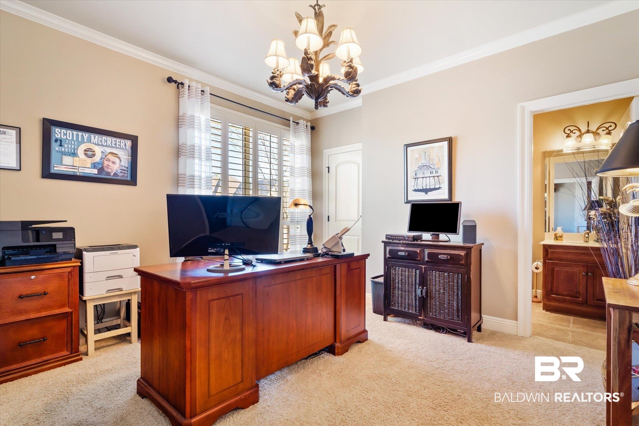 5683 Spring Landing Drive Theodore, AL 36582 - Photo 13 of 49 Home office with crown molding, a notable chandelier, and light colored carpet
