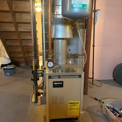 a room with a stove and a table