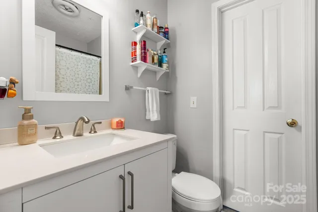 a bathroom with a sink vanity mirror and toilet