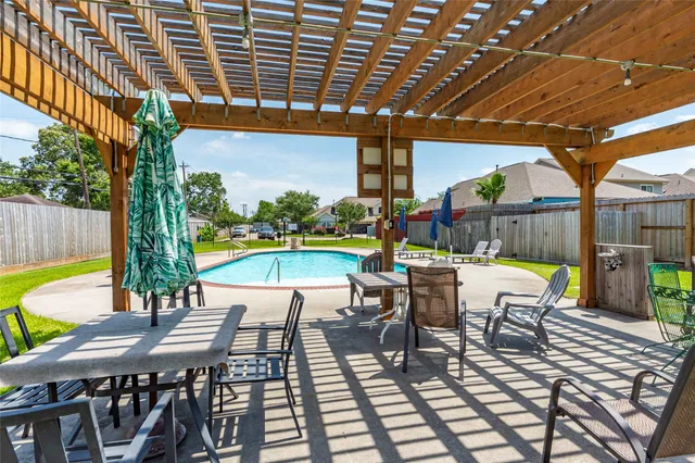 an outdoor space with furniture