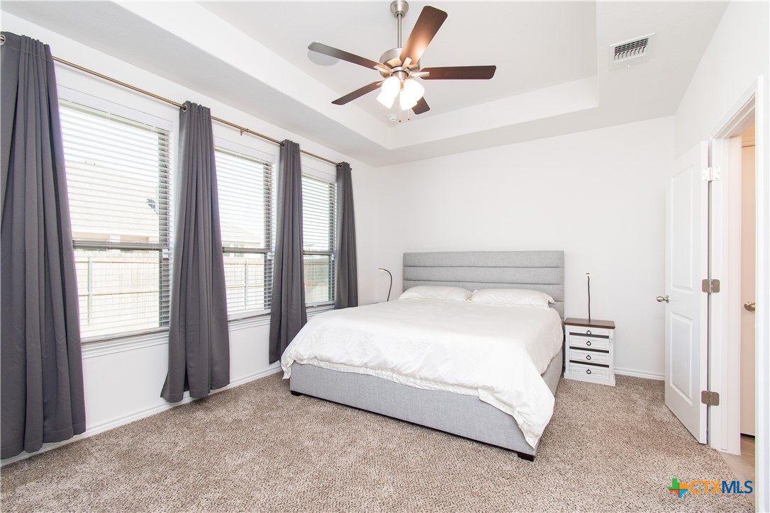 1224 Bending Branch Way Temple, TX 76502 - Photo 10 of 25 a bedroom with a bed and a large window with a chandelier fan