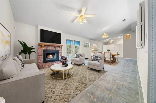 a view interior of a house an entryway and fire place