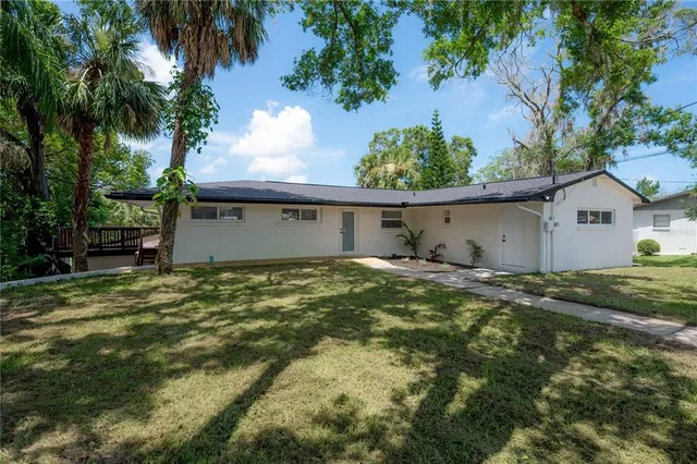 a backyard of a house with potted plants and large tree
