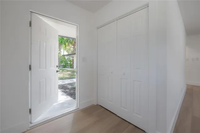 a view of a patio with chair and table