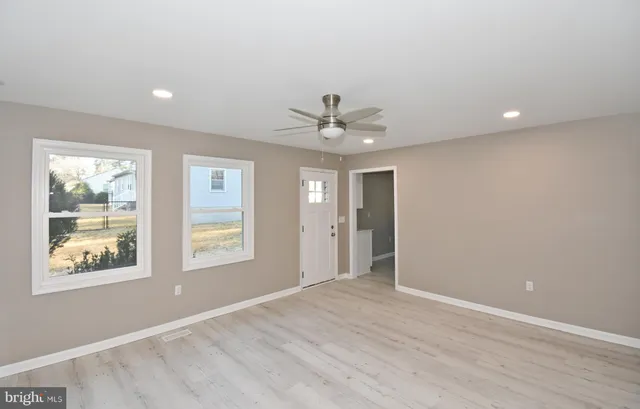 a view of a yard with plants and trees