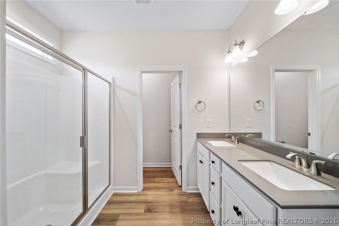 4052 Lofton Street Wade, NC 28395 - Photo 18 of 22 a bathroom with a double vanity sink a mirror and a shower