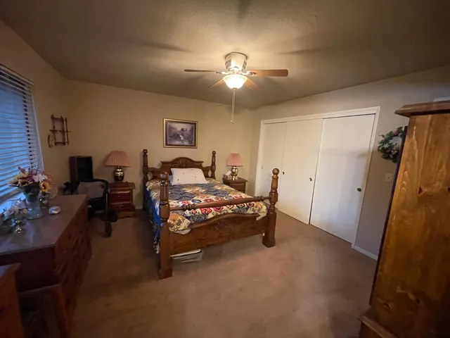 a view of a backyard with potted plants and wooden fence
