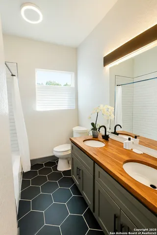 a bathroom with a double vanity sink toilet and a mirror