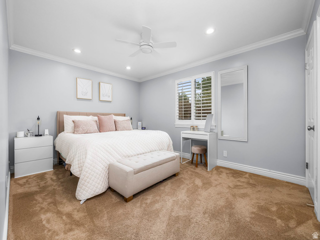 523 Mountain View Road Centerville, UT 84014 - Photo 8 of 33 Carpeted bedroom with ornamental molding, recessed lighting, and ceiling fan