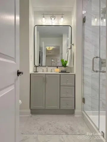 a bathroom with a shower a sink and a mirror